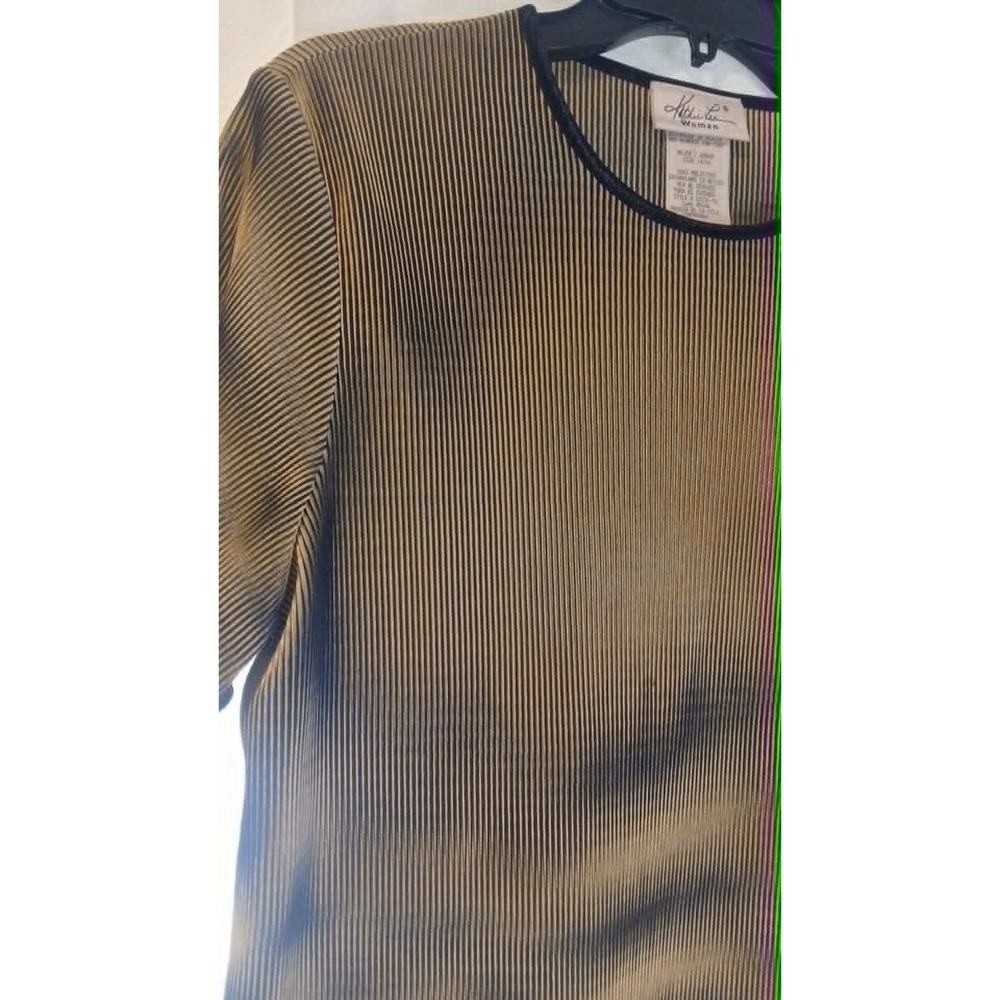 Kathie Lee Vintage Y2K Black Gold Metallic Striped Slinky Shirt Size 14/16 62725